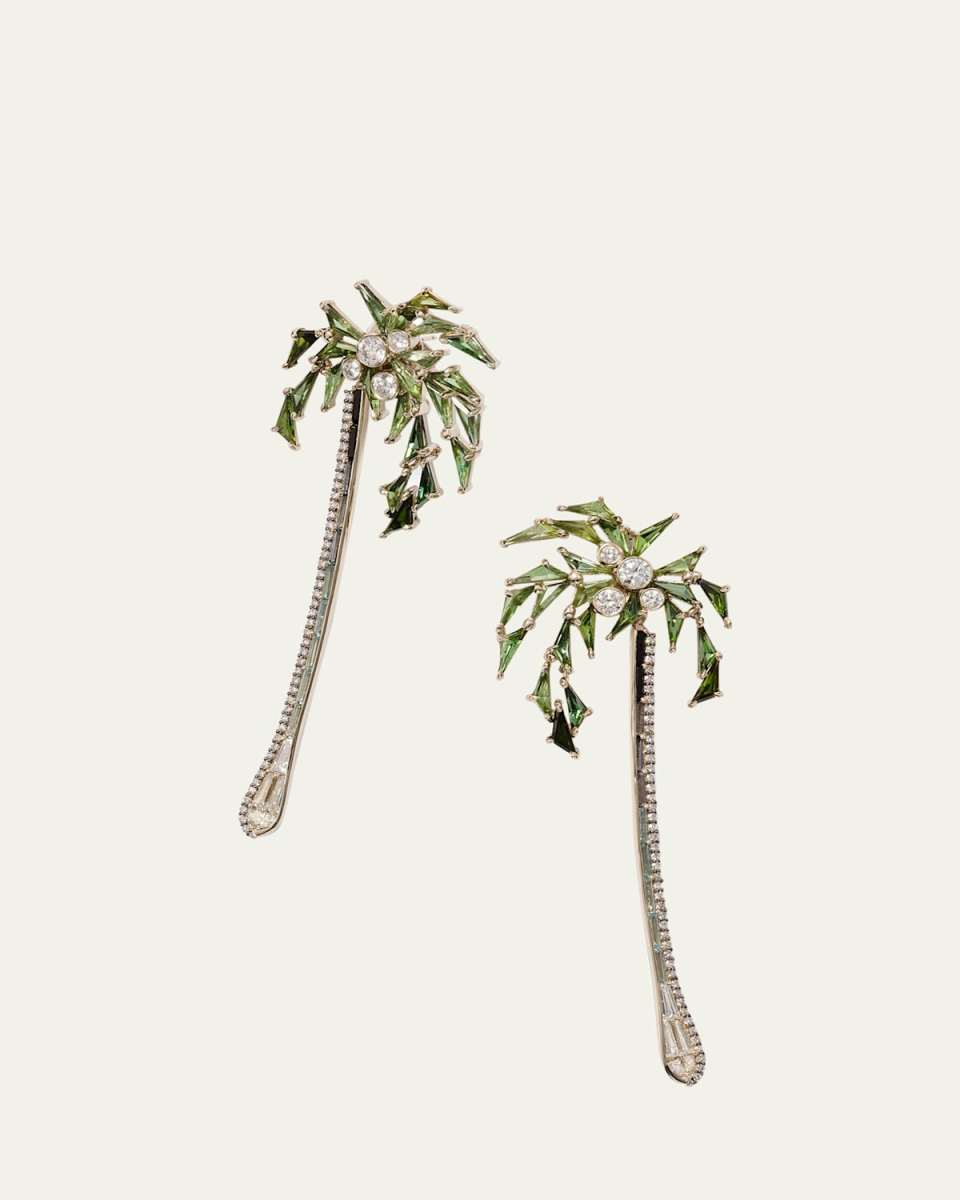 Palm & Stem Statement Earrings with Diamonds and Tourmaline